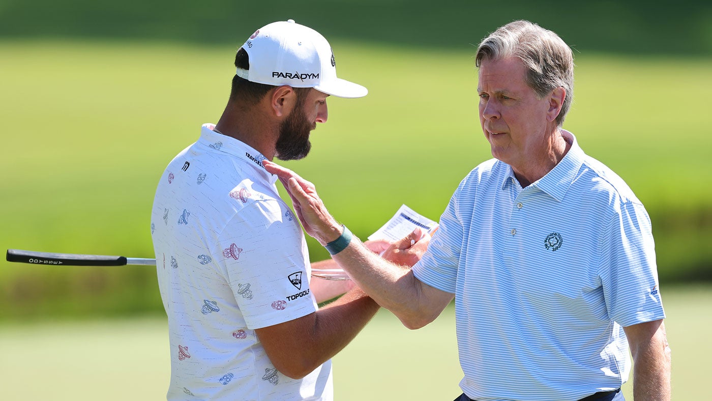 Jon Rahm talks with Chairman of Augusta National Golf Club Fred Ridley during the Golden Bear Pro-Am prior to the Memorial Tournament
