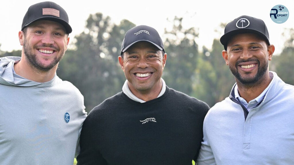 Josh Allen, Tiger Woods and Aaron Hicks at the Genesis Invitational Pro-Am.