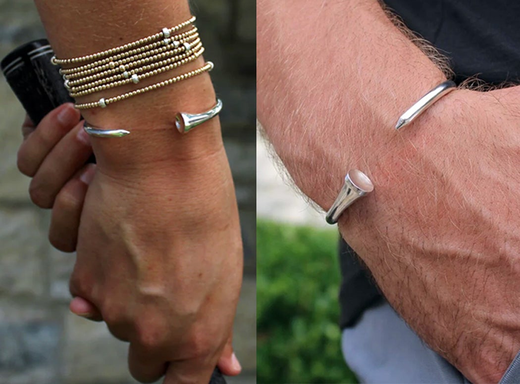 Ruvido Members bracelets in silver finish, shown modeled on both men and women.