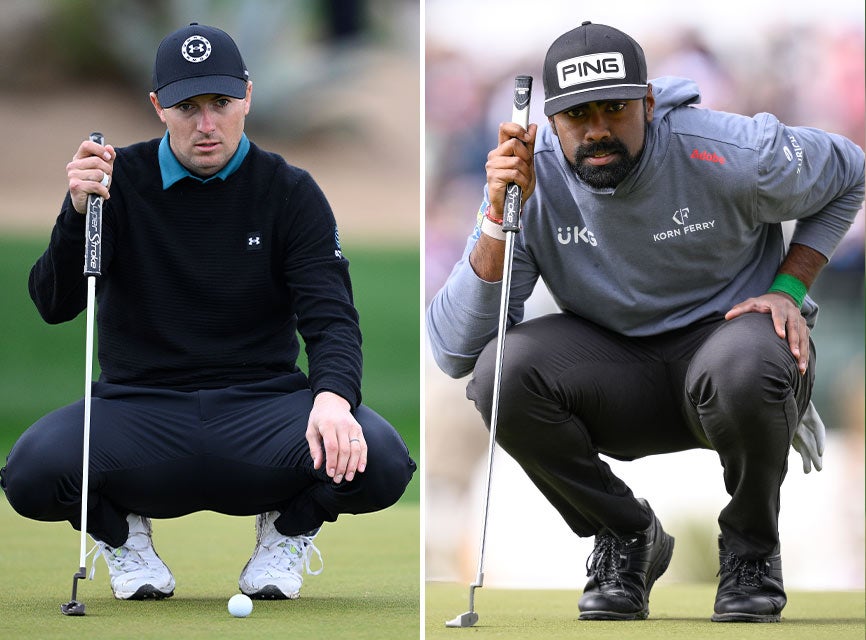 Jordan Spieth and Sahith Theegala both lining up their putts, holding putter featuring the ZENERGY FLATSO PUTTER GRIPS