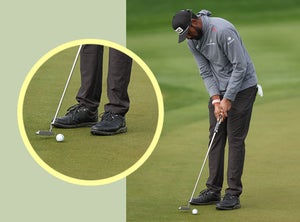 Sahith Theegala wearing FootJoy Pro/SL golf shoes in black.