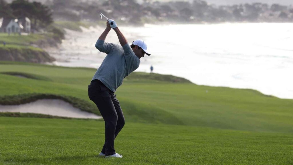 Scottie Scheffler of the United States plays a shot on the ninth hole during the second round of the AT&T Pebble Beach Pro-Am at Pebble Beach Golf Links on February 02, 2024 in Pebble Beach, California.