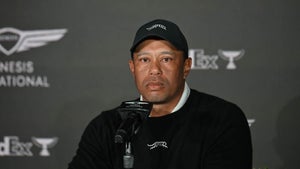 Tiger Woods speaks with reporters on Wednesday at the 2024 Genesis Invitational