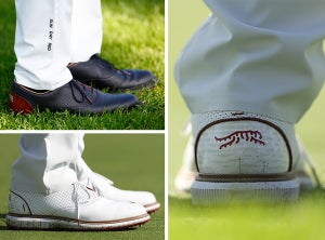The Genesis Invitational - Round One PACIFIC PALISADES, CALIFORNIA - FEBRUARY 15: A detailed view of the shoes worn by Tiger Woods of the United States on the 17th green during the first round of The Genesis Invitational at Riviera Country Club on February 15, 2024 in Pacific Palisades, California. (Photo by Michael Owens/Getty Images)