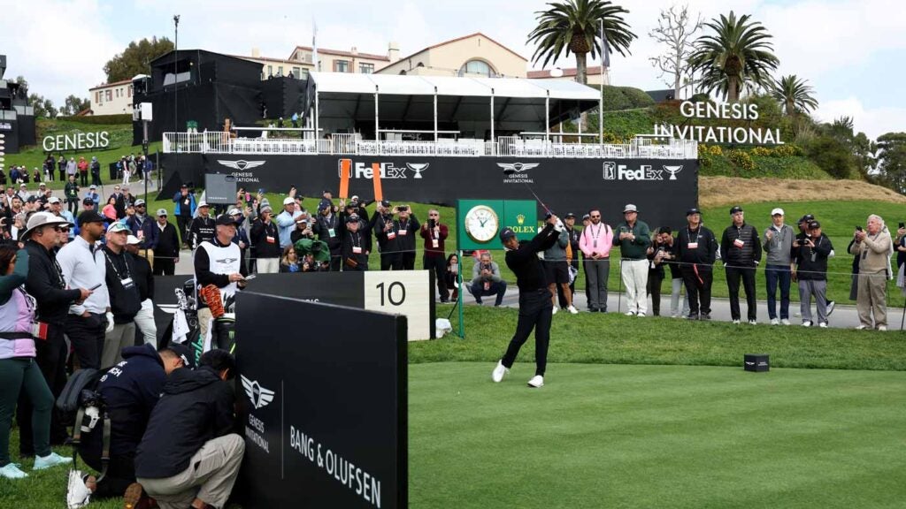 Tiger Woods hits a drive during practice ahead of the 2024 Genesis Invitational