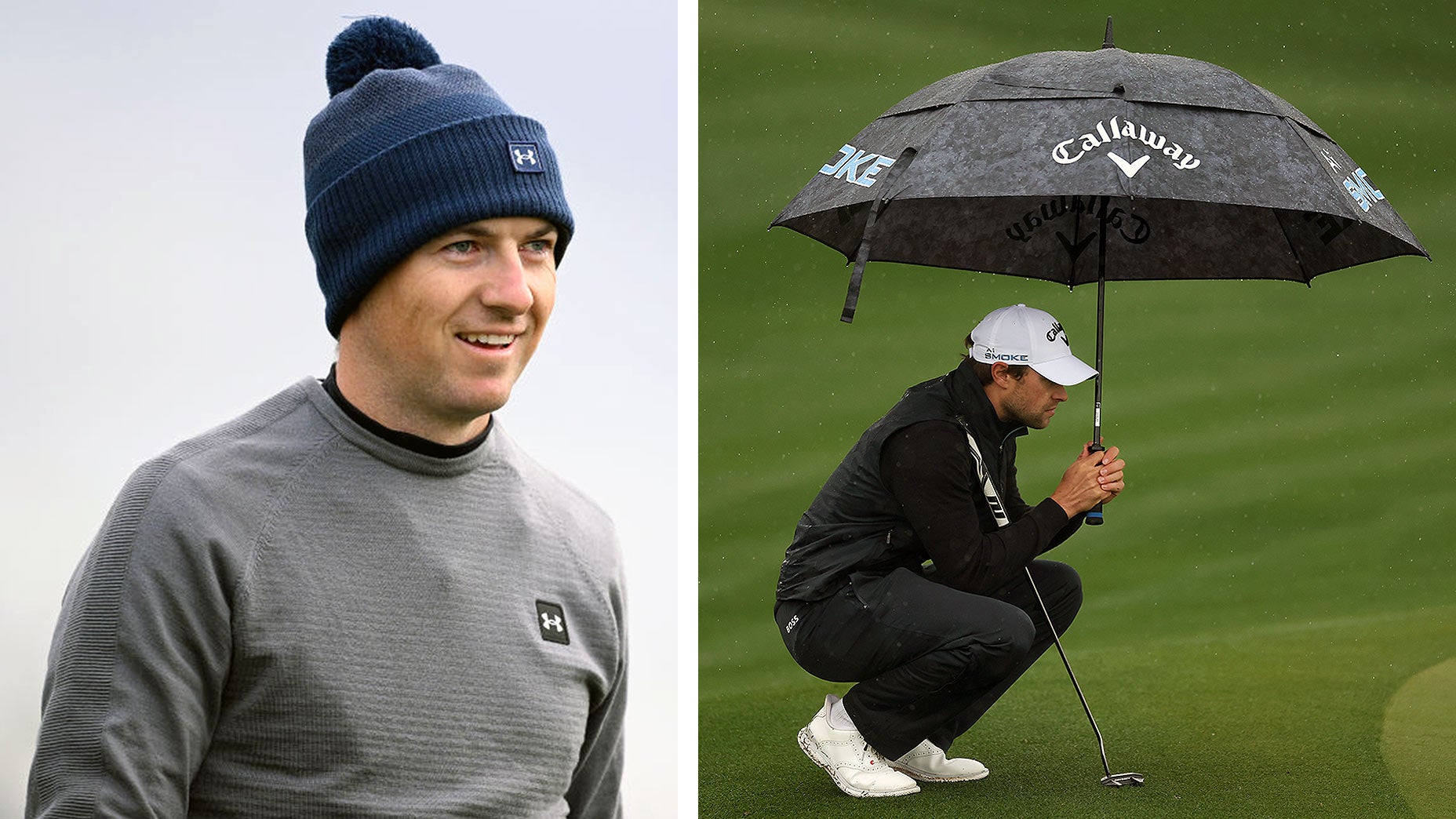 It's operation "stay dry" at TPC Scottsdale. Here are 3 ways pros and their caddies are keeping themselves warm and dry on the course today. Left: Ben Jared/PGA TOUR via Getty Right: Christian Petersen/Getty Images