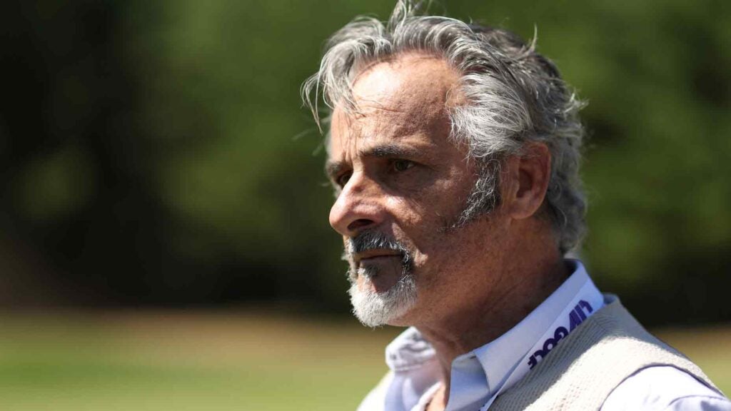 David Feherty is seen on the practice range during Day Two of the LIV Golf Invitational - Boston at The Oaks golf course at The International on September 03, 2022 in Bolton, Massachusetts.