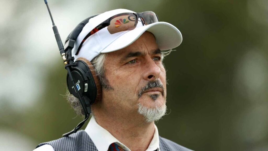 David Feherty with a headset at the 2017 Presidents Cup.