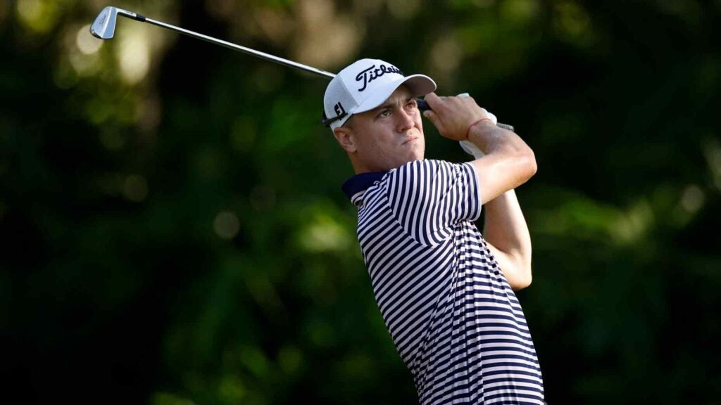 Justin Thomas of the United States plays a shot from the 13th tee during the second round of THE PLAYERS Championship at Stadium Course at TPC Sawgrass on March 15, 2024 in Ponte Vedra Beach, Florida.