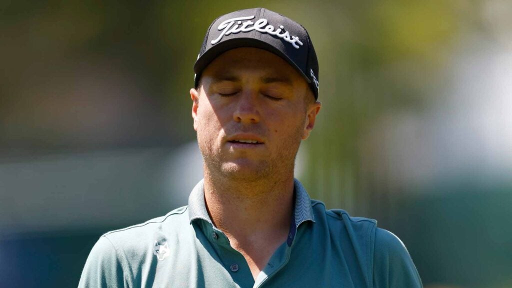 Justin Thomas reacts to missing a putt at the Valspar.