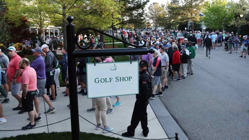 Patrons queue for the golf shop during a practice round prior to the Masters at Augusta National Golf Club on April 04, 2022 in Augusta, Georgia.