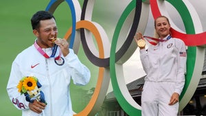 A split image of Xander Schauffele and Nelly Korda with their 2021 Olympic Gold Medals.