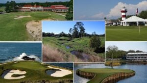 A split image of (clockwise from top left) Pinehurst, Harbour Town, TPC Sawgrass and Pebble Beach with Memorial Park in the center.