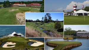 A split image of (clockwise from top left) Pinehurst, Harbour Town, TPC Sawgrass and Pebble Beach with Memorial Park in the center.