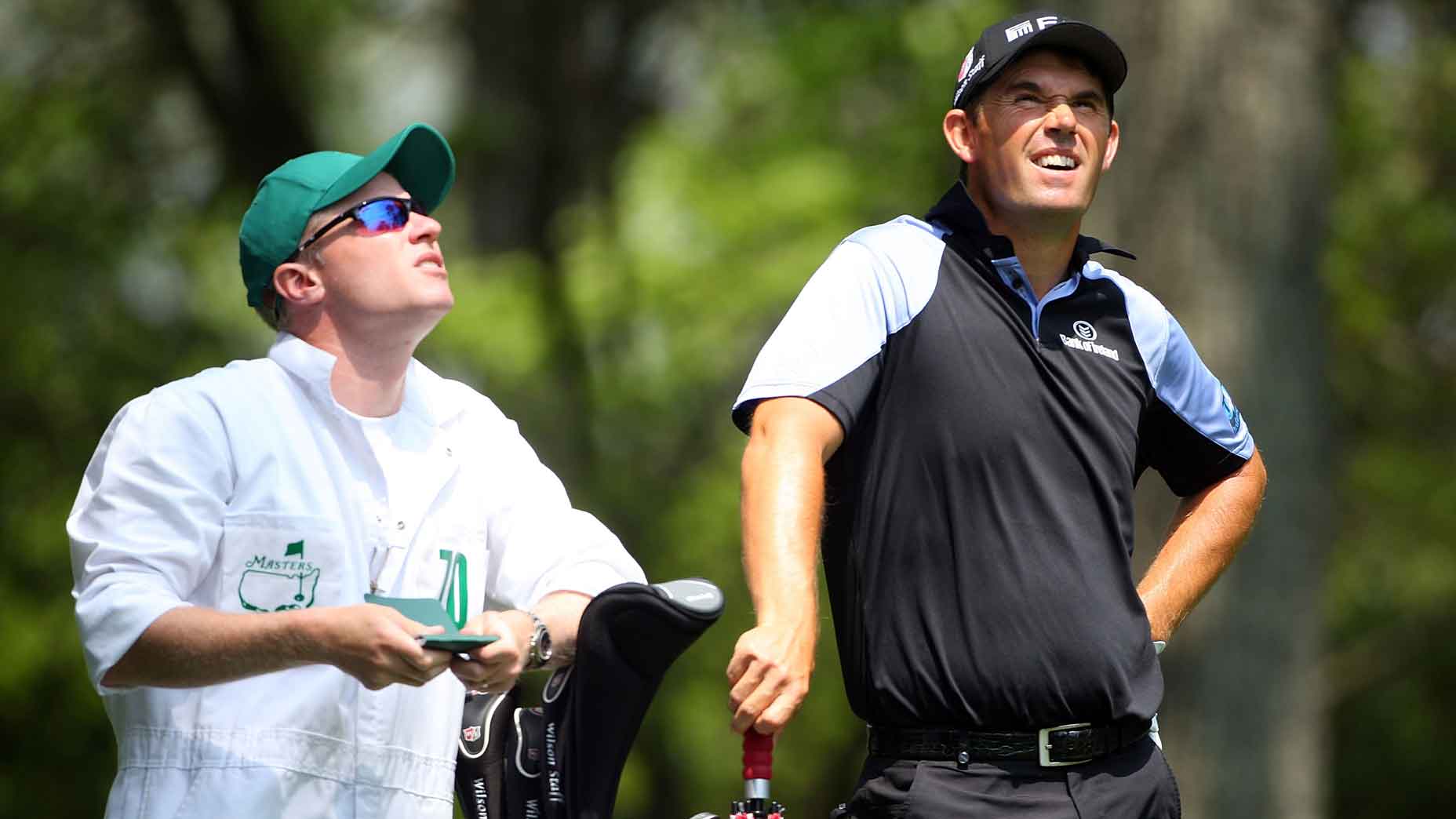Padraig Harrington of Ireland and his caddie Ronin Flood wait on the second tee during the second round of the 2009 Masters Tournament at Augusta National Golf Club on April 10, 2009 in Augusta, Georgia
