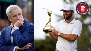 A split image of Jay Monahan and Scottie Scheffler with the Players trophy.