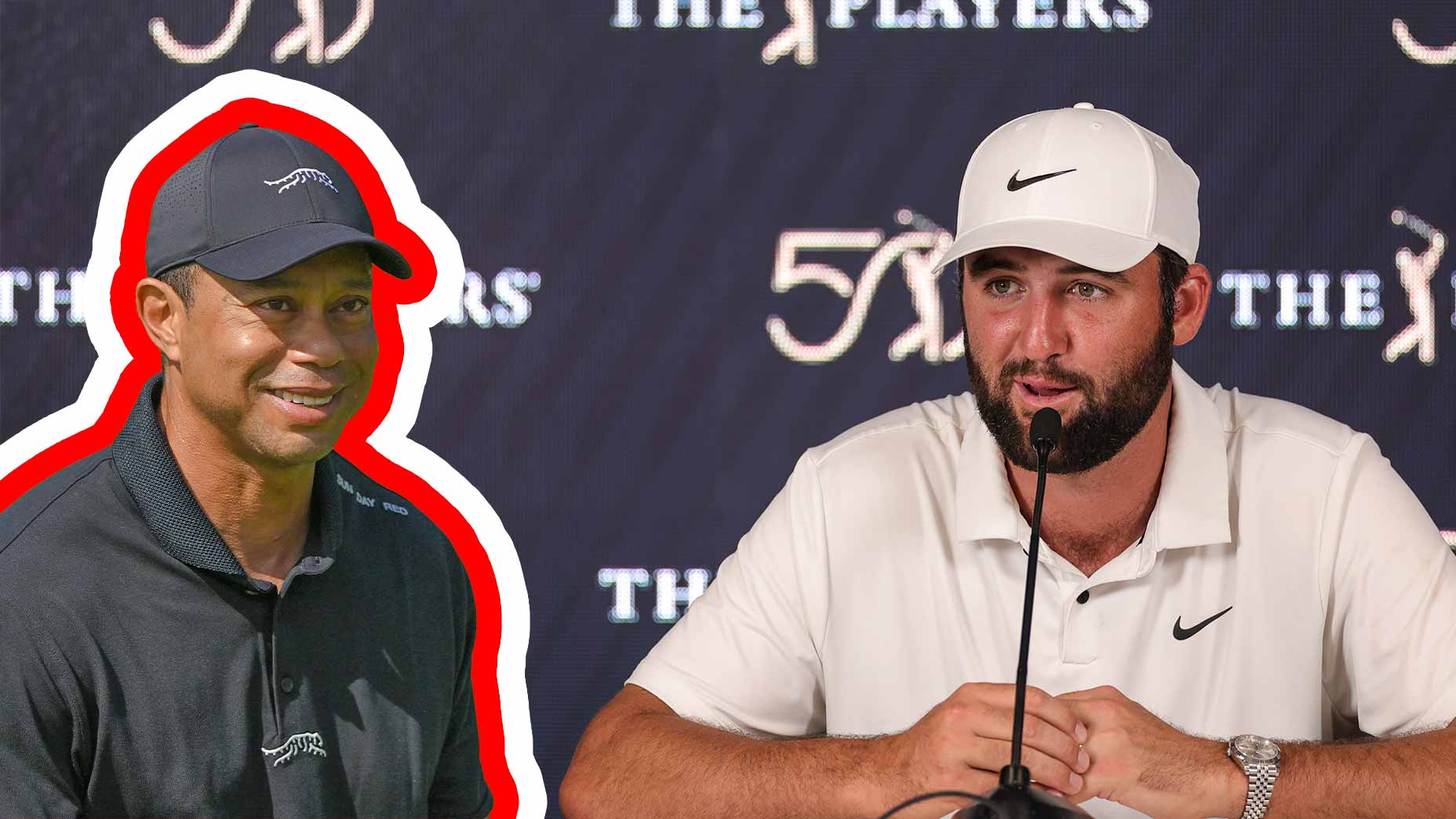 Scottie Scheffler's press conference with a super imposed image of Tiger Woods.