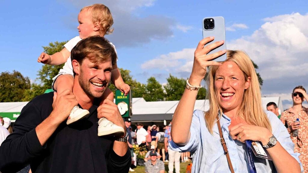 Thomas Detry of Belgium with his wife Sarah and daughter Sophie watching Scouting for Girls at the Horizon Irish Open after Day Three of the Horizon Irish Open at The K Club on September 09, 2023 in Straffan, Ireland.