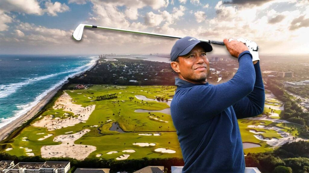 An image of Tiger Woods superimposed on an aerial shot of Seminole Golf Club.