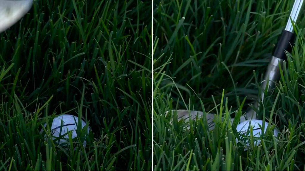 Close up images of Wyndham Clark addressing a golf ball at Bay Hill.