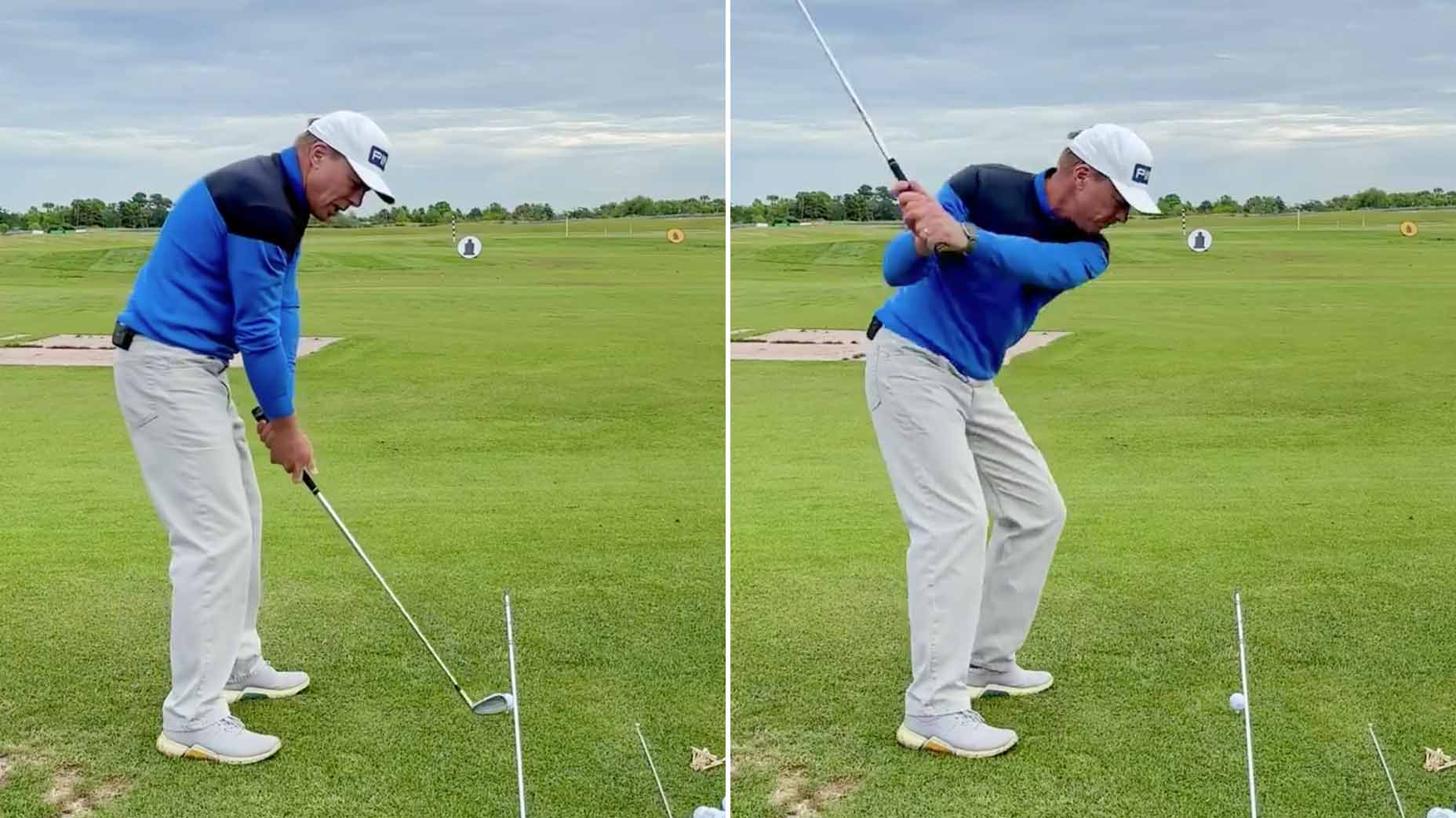 andrew rice hits balls on the driving range with alignment stick in the ground behind him