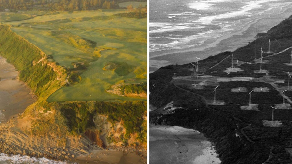 Aerial view of a wind farm at Bandon Dunes and the Sheep Ranch