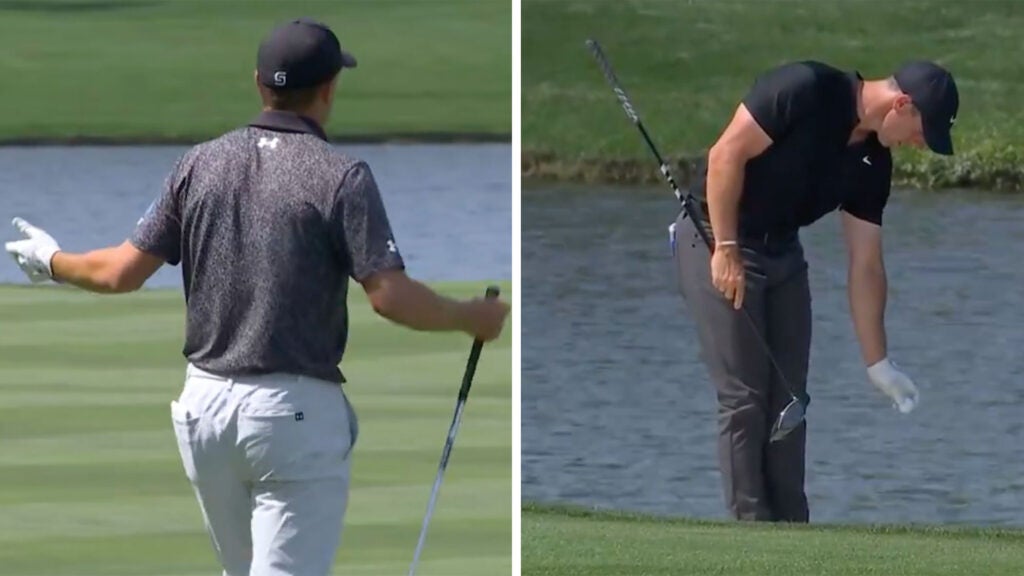 rory mcilroy taking drop. in first round of Players, and Jordan Spieth reacting to what he saw