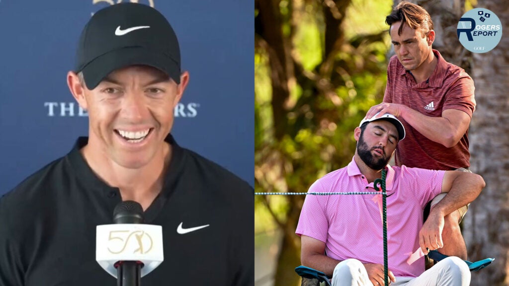 Rory McIlroy speaks with the media, Scottie Scheffler gets help with his neck.