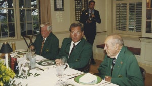 Gay Brewer, Fuzzy Zoeller and Herman Keiser converse at the Champions Dinner during the 1997 Masters Tournament at Augusta National Golf Club on April 1997