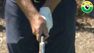 Pro golfer padraig harrington grips a golf club during demonstration