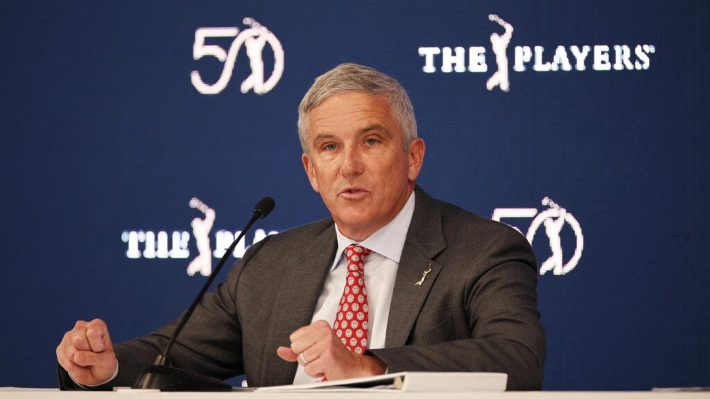 Jay Monahan, commissioner of the PGA Tour, talks during his press conference at the 2024 Players Championship
