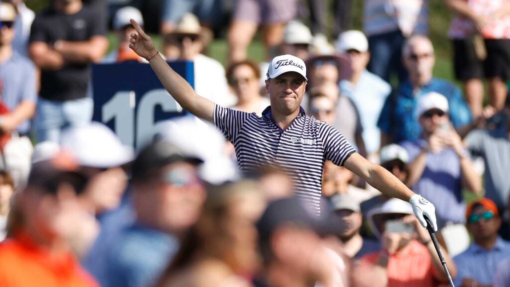 Justin Thomas reacts to a shot from the 16th tee during the second round of the Players Championship at TPC Sawgrass on Friday in Ponte Vedra Beach, Fla.