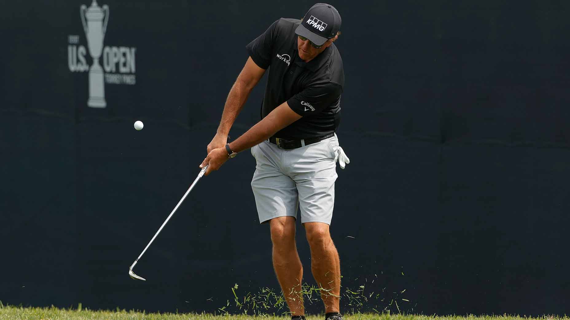 phil mickelson hits a flop shot during a practice round for the 2021 u.s. open at torrey pines