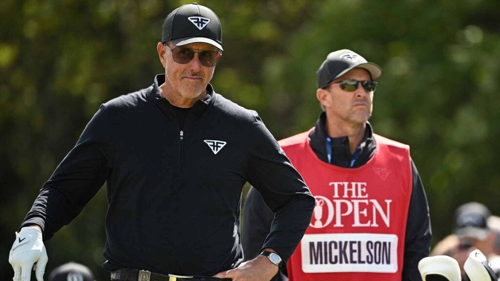 Phil Mickelson and his caddie pictured at 2023 Open Championship