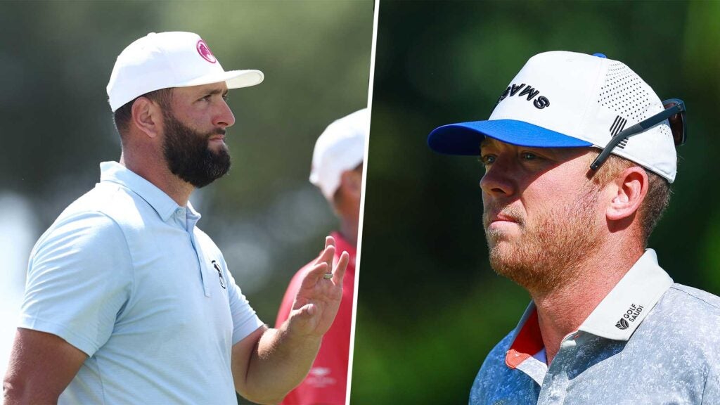 jon rahm and talor gooch stare at one another from opposite sides