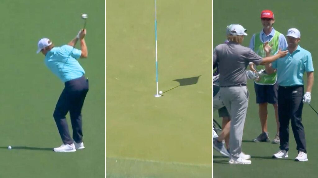 Three screenshot images from video of Robby Shelton making albatross at 2024 Valspar Championship