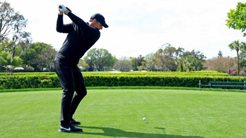 Rory McIlroy hits a drive at Bay Hill ahead of the 2024 Arnold Palmer Invitational