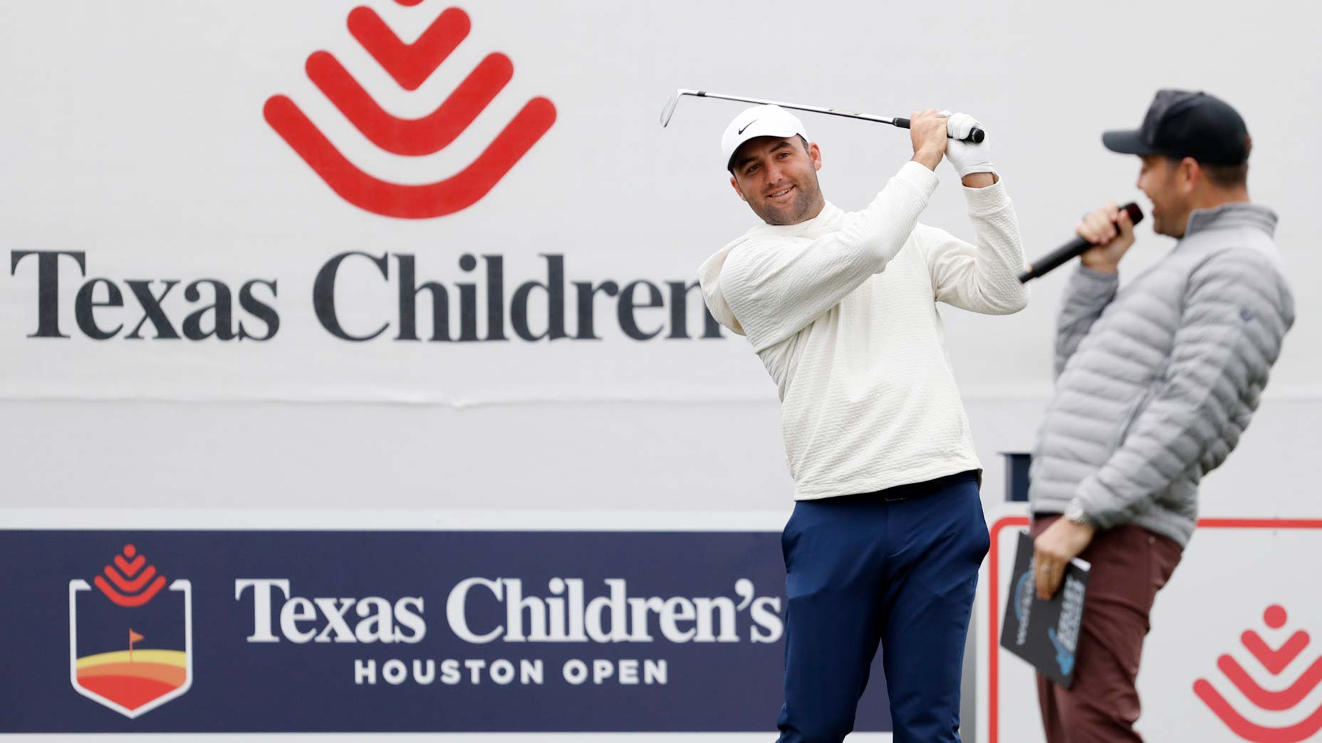 Scottie Scheffler takes a practice swing on tee at 2024 Texas Children's Houston Open
