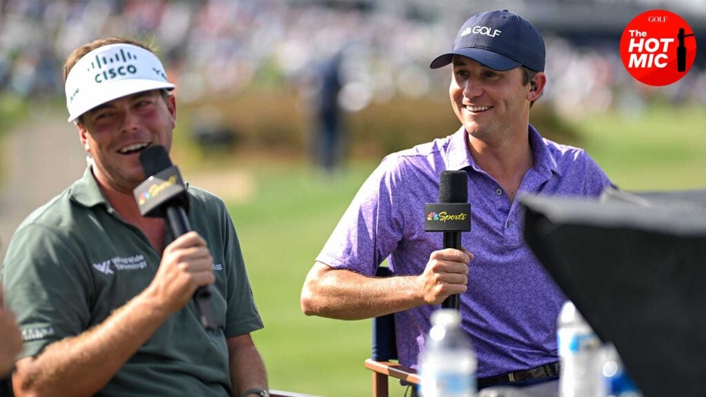 Pro golfers smylie kaufman and keith mitchell laugh from the NBC set at the 2024 Players Championship at TPC Sawgrass