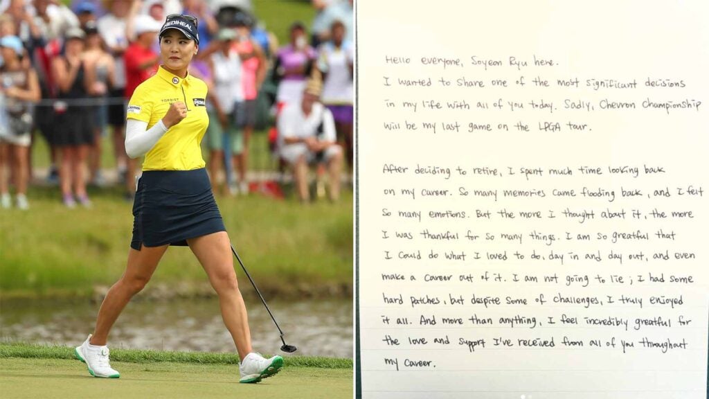 left: so yeon ryu fist pumps during the 2018 kpmg womens pga championship right: so yeon ryu hand-written retirement letter
