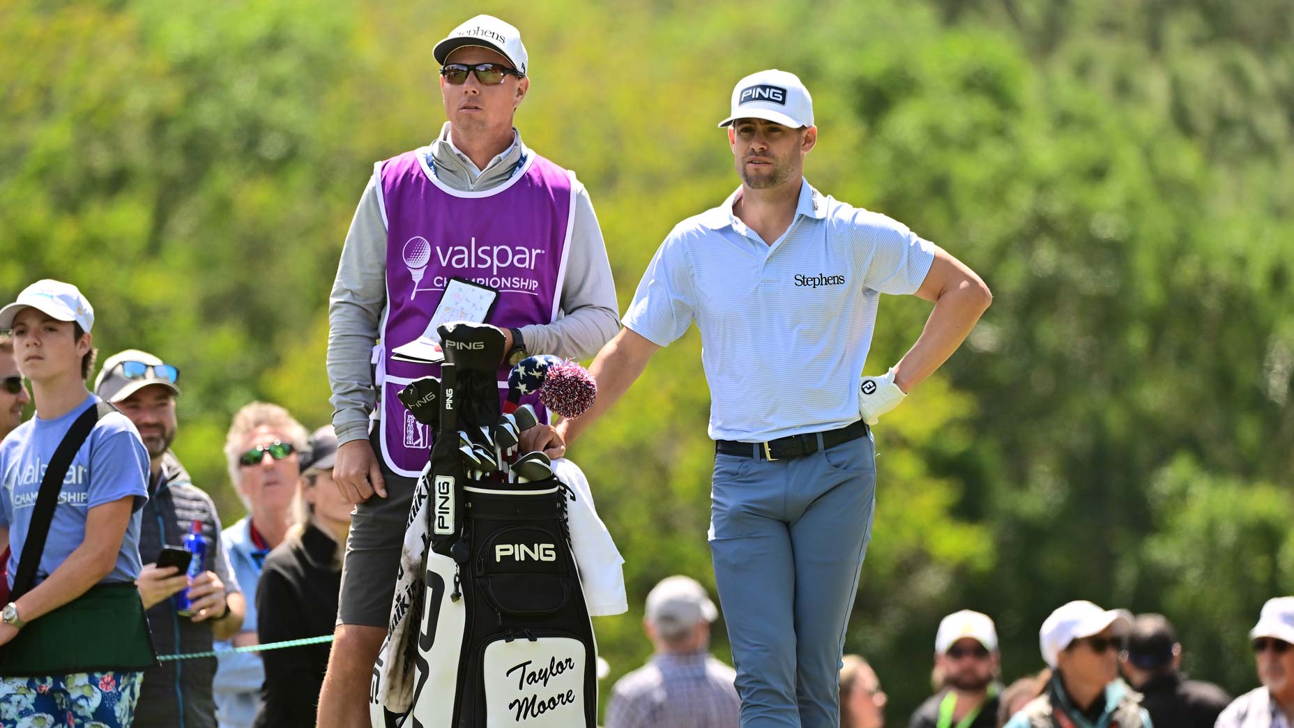 PGA Tour pro Taylor Moore stands with caddie on tee at 2023 Valspar Championship