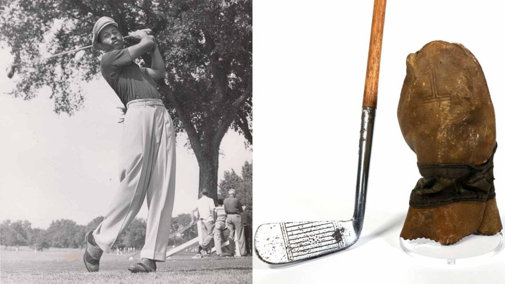 left: ted rhodes swings in black-and-white photo; right: ted rhodes putter displayed next to headcover