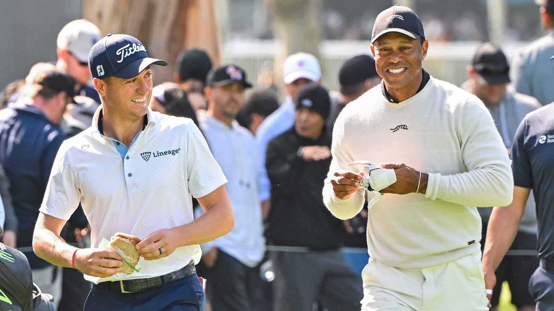 Justin Thomas and Tiger Woods laugh at 2024 Genesis Invitational