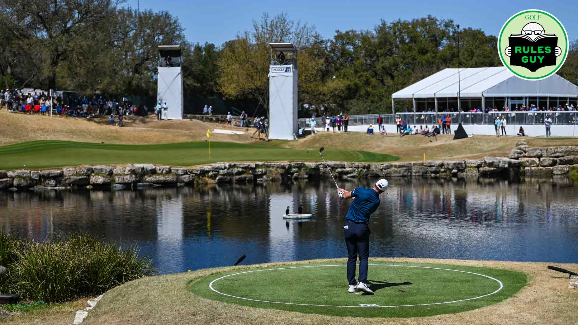 Viktor Hovland of Norway hits from the drop zone on the 11th hole after taking a penalty during the first round of the World Golf Championships-Dell Technologies Match Play at Austin Country Club on March 23, 2022 in Austin, Texas