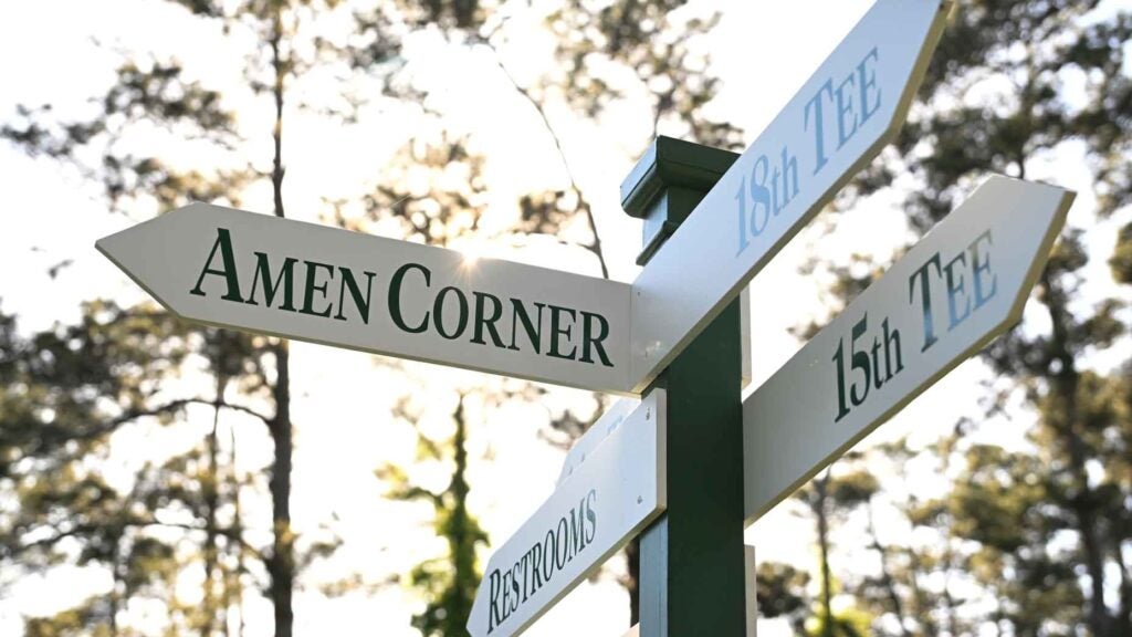 Amen corner signs pictured during Masters at Augusta National