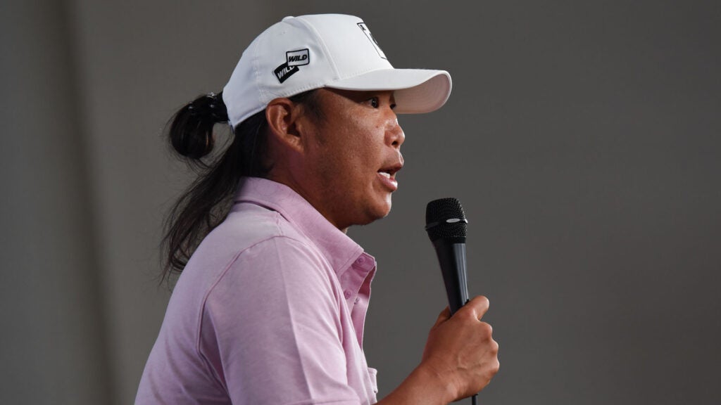 Anthony Kim takes questions from the media at LIV Golf Miami