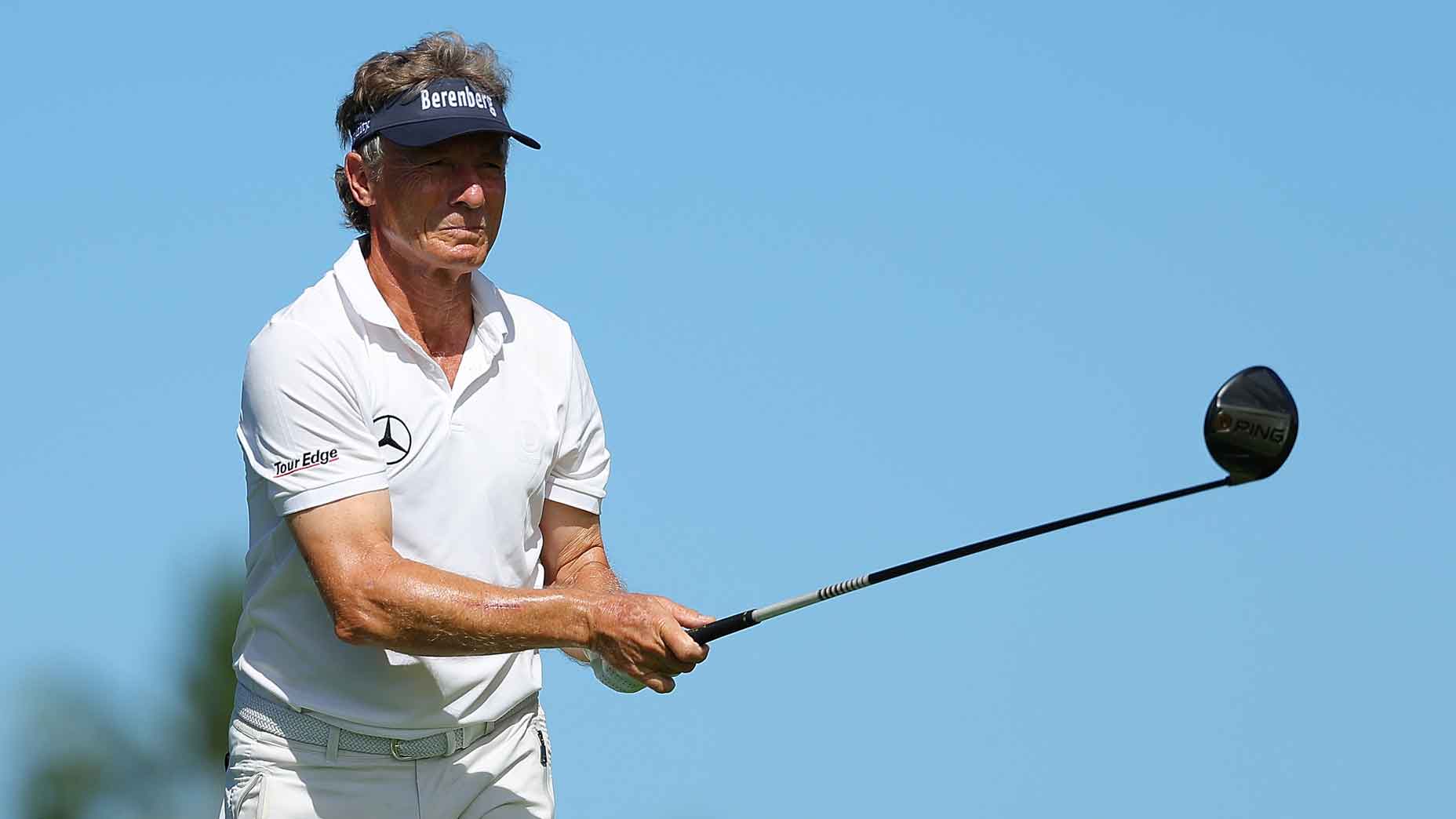 Bernhard Langer of Germany tees off the second hole during the first round of the Mitsubishi Electric Championship at Hualalai Golf Club on January 18, 2024 in Kailua Kona, Hawaii. (