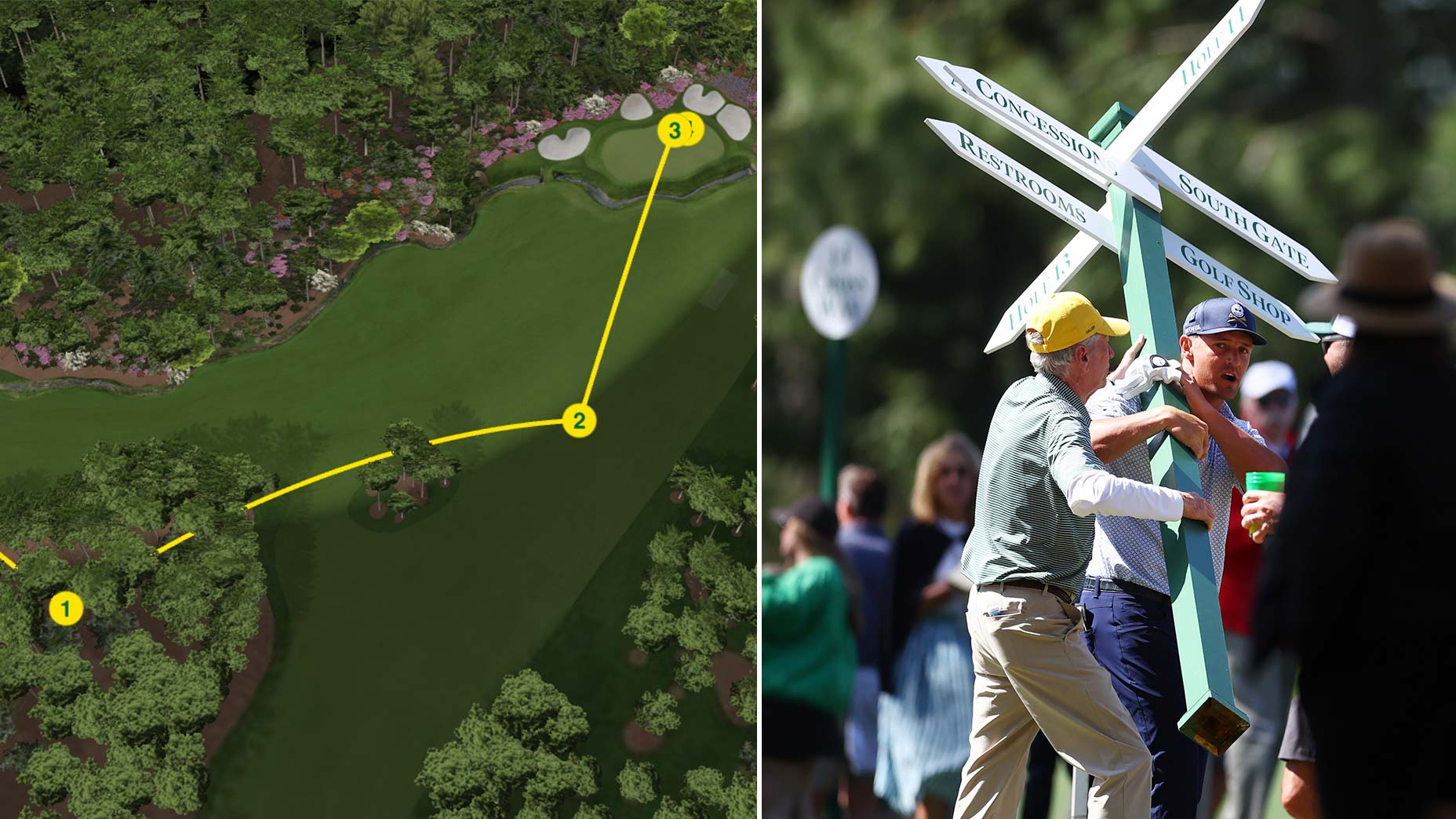 A split image of Bryson DeChambeau's shot track on 13 and him carrying a Masters sign.