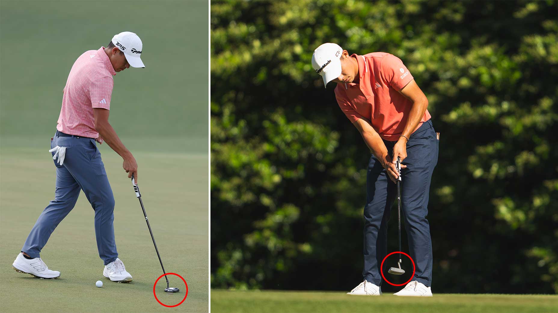 A split image of Collin Morikawa putting Thursday at the Masters and Saturday.