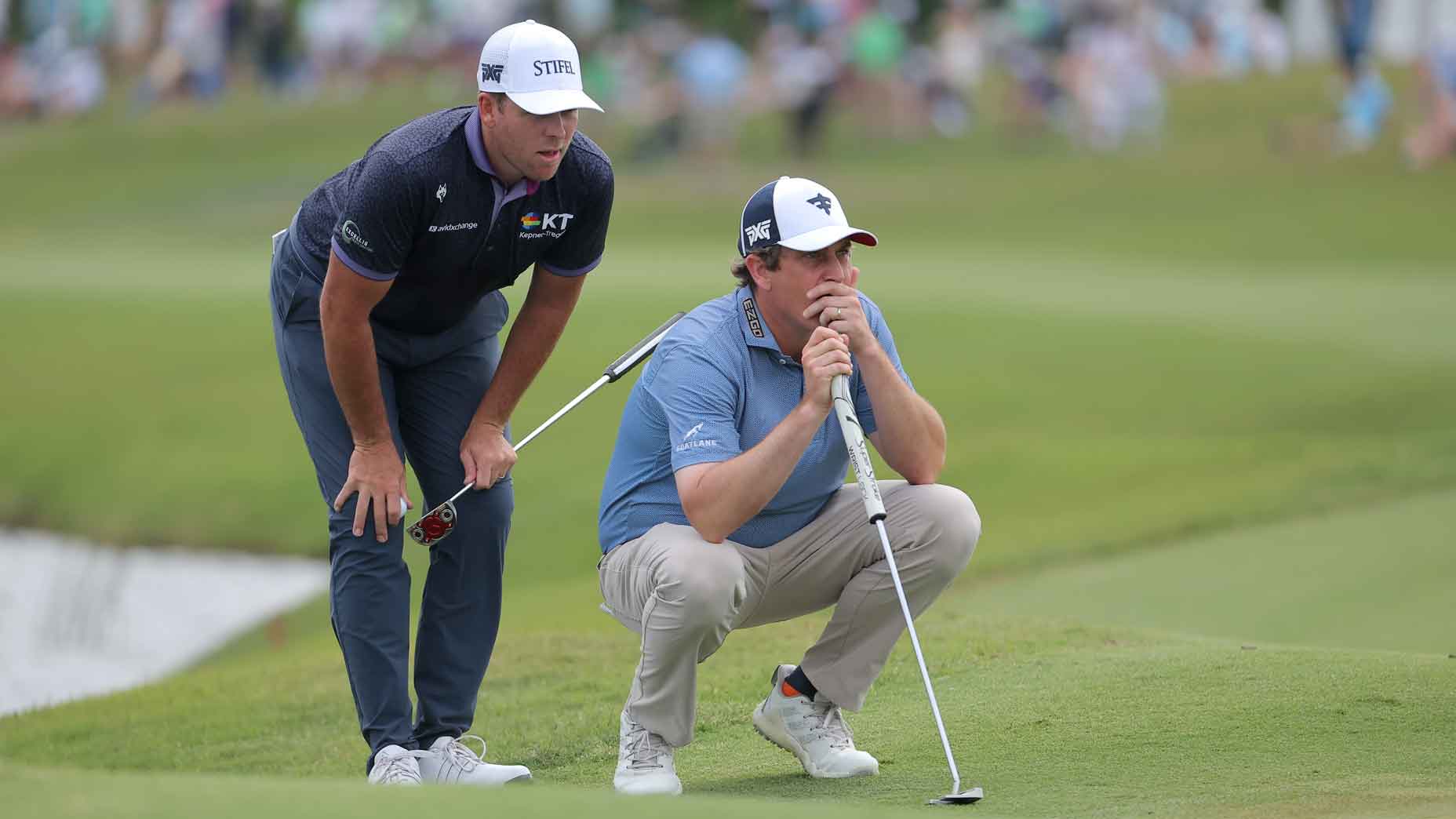 Luke List of the United States and Henrik Norlander of Sweden line up a putt on the 18th green during the third round of the Zurich Classic of New Orleans at TPC Louisiana on April 27, 2024 in Avondale, Louisiana.